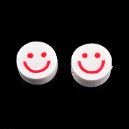 Handmade Polymer Clay Beads, Flat Round with Smiling Face, Crimson, 9~10x4mm, Hole: 1.2~1.6mm(CLAY-N011-64-06)