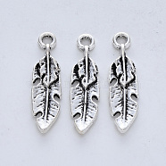 Tibetan Style Alloy Pendants, Cadmium Free & Lead Free, Feather, Antique Silver, 29x7.5x3mm, Hole: 2mm, about 367pcs/500g(TIBE-R316-114AS-RS)