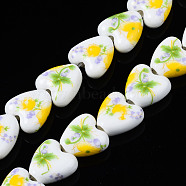 Handmade Porcelain Ceramic Beads Strands, Flower Printed, Heart, Yellow, 15x15x7mm, Hole: 3mm, about 23pcs/strand, 12.8 inches(32.5cm)(PORC-S502-043C)