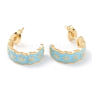 Semicircular Brass Enamel Half Hoop Earrings, with Ear Nuts, Daisy, Sky Blue, Real 18K Gold Plated, 21x5mm, Pin: 0.7mm(EJEW-L234-037G)