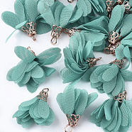 Chiffon Pendants, with Iron Findings, Flower, Golden, Medium Turquoise, 25~27x20~30mm, Hole: 2.5mm(FIND-S300-03G)