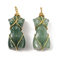 Natural Green Aventurine Pendants, with Golden Tone Rack Plating Brass Wire Wrap, Long-Lasting Plated, Lead Free & Cadmium Free, Human, 52x18.5x2.2mm, Hole: 4.8mm(G-K338-30G-05)