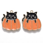 Autumn Theme Alloy Enamel Pendants, Black Cat with Orange Pumpkin, Light Gold, 21x20x1.5mm, Hole: 1.6mm(X-ENAM-J649-06LG-01)