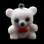 Flocky Resin Pendants, Bear Charms with Platinum Plated Iron Loops, White, 25x20x13.5mm, Hole: 2mm(RESI-Z003-01B)