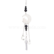 Natural Black Onyx Pendant Decorations, Hanging Suncatchers, with 201 Stainless Steel Pendants, for Home Decoration, Antique Silver & Stainless Steel Color, 236mm(PALLOY-PH01588)