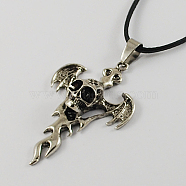 Zinc Alloy Skull and Cross Necklaces for Halloween, with Zinc Alloy Pendants, Zinc Alloy Lobster Claw Clasp, Iron Chains and Waxed Cord, Antique Silver, 17.1 inch(NJEW-R128-16)