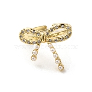 Brass Micro Pave Cubic Zirconia Open Cuff Rings for Women, with ABS Plastic Imitation Pearl Beads, Bowknot, Real 18K Gold Plated, US Size 5 1/2(16.1mm)(RJEW-M169-01G)
