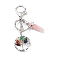 Natural Rose Quartz Keychain, with Platinum Plated Iron Split Key Rings, Tree of Life with Bullet, 10.2cm(KEYC-M022-03C)