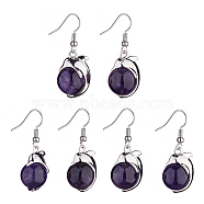Natural Amethyst Dolphin Dangle Earrings with Crystal Rhinestone, Platinum Brass Jewelry for Women, 38mm, Pin: 0.6mm(EJEW-A092-20P-16)