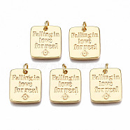 10Pcs Brass Pendants, with Jump Rings, Nickel Free, Rectangle with Word Falling in love for real, Real 18K Gold Plated, 17x15x2mm, Jump Rings: 5x0.8mm, 3mm inner diameter(KK-SZ0004-28)
