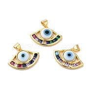 Handmade Evil Eye Lampwork Pendants, with Brass Cubic Zirconia Finding, Cadmium Free & Lead Free, Real 18K Gold Plated, Fan Charm, White, 15x23x4.8mm, Hole: 3x4mm(LAMP-E034-01G-05)