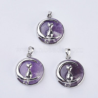 Natural Amethyst Kitten Pendants, with Brass Findings, Flat Round with Cat & Crescent Moon Shape, Platinum, 32x27.5x10mm, Hole: 5x7mm