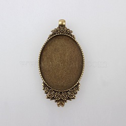 Vintage Tibetan Style Alloy Carved Rose Large Pendant Cabochon Settings, Plain Edge Bezel Cups, Cadmium Free & Nickel Free & Lead Free, Antique Bronze, Oval Tray: 40x30mm, 63x32x2.5mm, Hole: 4mm, about 100~108pcs/1000g(TIBEP-M018-99AB-NF)