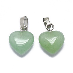 Natural Green Aventurine Charms, with Platinum Tone Brass Findings, Heart, 12.5~13x10x3~5mm, Hole: 2.5x4.5mm(G-F649-H01)