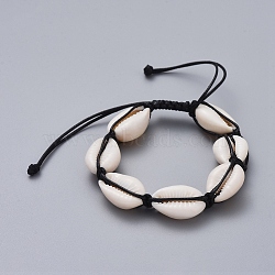 Natural Cowrie Shell Braided Beads Bracelets, with Korean Waxed Polyester Cord, Black, 2-1/4 inch~3-3/4 inch(5.8~9.5cm)(BJEW-JB05057-01)