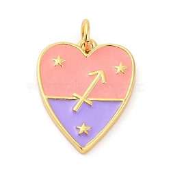 Brass Enamel Pendants, with Jump Ring, Real 14K Gold Plated, Heart with Twelve Constellations Charm, Sagittarius, 19x15x2mm, Hole: 3mm(KK-Z077-01G-12)