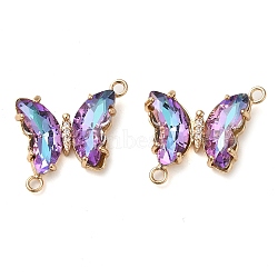 Brass Pave Faceted Glass Connector Charms, Golden Tone Butterfly Links, Medium Orchid, 20x22x5mm, Hole: 1.2mm(FIND-Z020-04G)