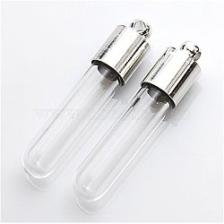 Glass Bottle Pendants, with Brass Findings, Platinum, 37x6mm, Hole: 1.6mm, Capacity: 1ml(0.03fl. oz)(GLAA-R203-01P)