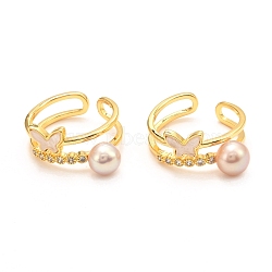 Brass Micro Pave Cubic Zirconia Cuff Rings, Open Rings, with Natural Fresh Water Pearl & Shell, Long-Lasting Plated, Butterfly, Real 18K Gold Plated, US Size 6 3/4(17.1mm), 5.5~11mm(RJEW-D113-04G)