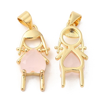 Brass Pendants, with Pink Glass, Girl Charms, Real 16K Gold Plated, 22x10.5x5mm, Hole: 4.5x3.5mm