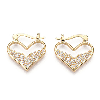 Rack Plating Brass Micro Pave Clear Cubic Zirconia Hoop Earrings, Heart, Real 16K Gold Plated, 20x19x2mm