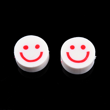 Handmade Polymer Clay Beads, Flat Round with Smiling Face, Crimson, 9~10x4mm, Hole: 1.2~1.6mm