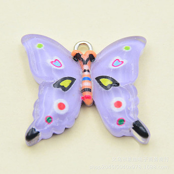 Transparent Resin Pendants, with Platinum Tone Iron Loops, Butterfly Charms, Lilac, 23x24.5x5mm, Hole: 2mm