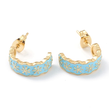 Semicircular Brass Enamel Half Hoop Earrings, with Ear Nuts, Daisy, Sky Blue, Real 18K Gold Plated, 21x5mm, Pin: 0.7mm