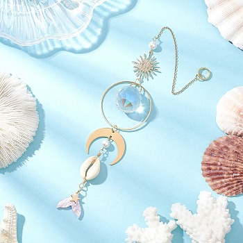 Fishtail Glass Hanging Ornaments, Natural Cowrie Shell and Brass Sun Moon Suncatchers for Outdoor Garden Decoration, Golden, 260mm