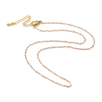 Brass Enamel Cable Chain Necklaces, with 304 Stainless Steel Lobster Claw Clasps, Real 18K Gold Plated, Pink, 15.74 inch(40cm)