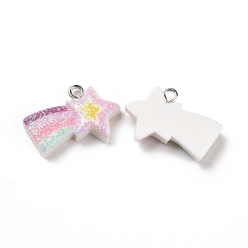 Opaque Resin Pendants, with Glitter Powder and Platinum Tone Iron Loops, Meteor Charm, Colorful, 16.5x24x5.5mm, Hole: 2mm