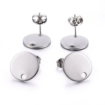 304 Stainless Steel Stud Earring Findings, with Loop and Flat Plate, Flat Round, Stainless Steel Color, 12x1mm, Hole: 1.4mm