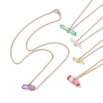 Dyed Natural Quartz Crystal Bullet Pendant Necklaces, with Ion Plating(IP) Golden 304 Stainless Steel Chains, Mixed Color, 17.72 inch(45cm)