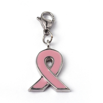 316 Surgical Stainless Steel Enamel Pendants, Breast Cancer Awareness Ribbon, with Words, Pink, 20x15x2.5mm, Hole: 3.5mm