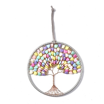 Wire Wrapped Heart Bead Acrylic Big Pendant Decorations, with Brass Wires and Imitation Leather Rope, Flat Round with Tree of Life, Colorful, 275mm