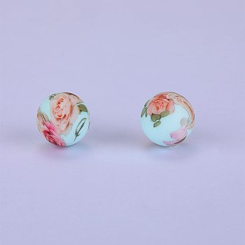 Printed Round with Flower Pattern Silicone Focal Beads, Colorful, 15x15mm, Hole: 2mm