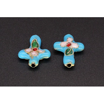 Handmade Cloisonne Beads, Filigree Cross, Deep Sky Blue, 18x14mm, Hole: 1.5mm