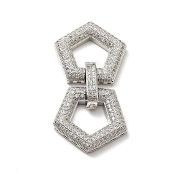 Brass Micro Pave Clear Cubic Zirconia Fold Over Clasps, Cadmium Free & Lead Free, Pentagon, Platinum, 44x22x6mm, Hole: 0.5x2mm