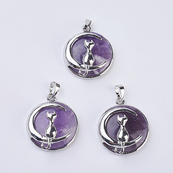 Natural Amethyst Kitten Pendants, with Brass Findings, Flat Round with Cat & Crescent Moon Shape, Platinum, 32x27.5x10mm, Hole: 5x7mm