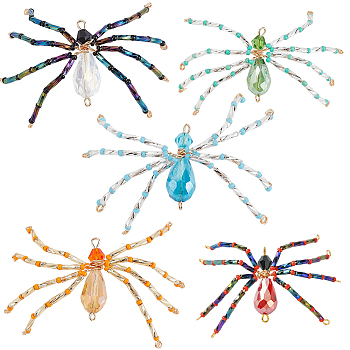 10Pcs MIYUKI Seed & Glass Beaded Pendants, with Golden Stainless Steel Wire Findings, Spider Charms, Mixed Color, 30~30.5x64~66x10mm, Hole: 1.2~1.8mm