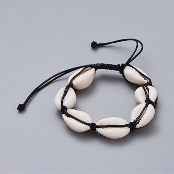Natural Cowrie Shell Braided Beads Bracelets, with Korean Waxed Polyester Cord, Black, 2-1/4 inch~3-3/4 inch(5.8~9.5cm)