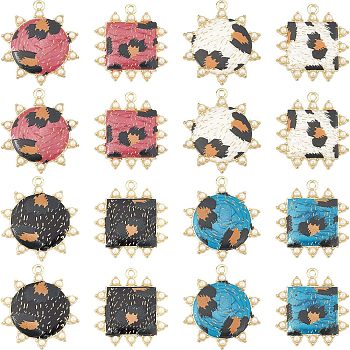 Nbeads 16Pcs 8 Style Rack Plating Printed Alloy Pendants, with Enamel and ABS Plastic Imitation Pearl, Cadmium Free & Nickel Free & Lead Free, Square & Sun with Leopard Print, Light Gold, Mixed Color, 33~36x29.531x3.5~4mm, Hole: 2mm, 2pcs/style