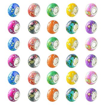 100Pcs 10 Colors Opaque Resin European Beads, Imitation Crystal, Two-Tone Large Hole Beads, with Silver Tone Brass Double Cores, Rondelle, Mixed Color, 14x9.5mm, Hole: 5mm, 10pcs/color