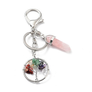 Natural Rose Quartz Keychain, with Platinum Plated Iron Split Key Rings, Tree of Life with Bullet, 10.2cm