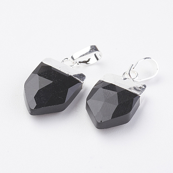 Natural Black Agate Pendants, with Brass Findings, Faceted, Arrow, Silver Color Plated, 17x10x4.5mm, Hole: 4x6mm