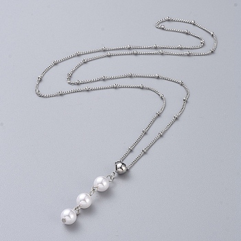 Pendant Necklaces, with 304 Stainless Steel Twisted Chains/Curb Chains/Satellite Chains and Plastic Imitation Pearl Round Beads, Stainless Steel Color, 23.62 inch(60cm)