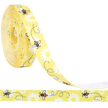 Polyester Bees Printed Grosgrain Ribbons, Gift Wrapping, Yellow, 3/8 inch(10mm), about 5.00 Yards(4.57m)/Roll