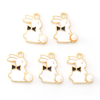 Light Gold Plated Alloy Enamel Pendants, Rabbit with Pearl, Black, 17x13x1.5mm, Hole: 1.8mm