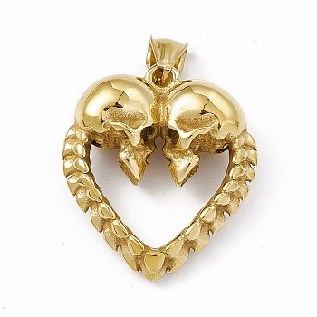 Ion Plating(IP) 304 Stainless Steel Manual Polishing Pendants, Heart with Skull Charm, Antique Golden, 36.5x32x12.5mm, Hole: 7x4mm