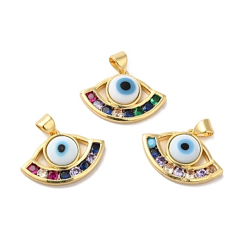 Handmade Evil Eye Lampwork Pendants, with Brass Cubic Zirconia Finding, Cadmium Free & Lead Free, Real 18K Gold Plated, Fan Charm, White, 15x23x4.8mm, Hole: 3x4mm